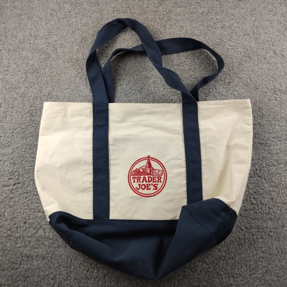 Trader Joe's Canvas Tote Bag Navy Blue Cream Embroidered Logo Reusable Grocery